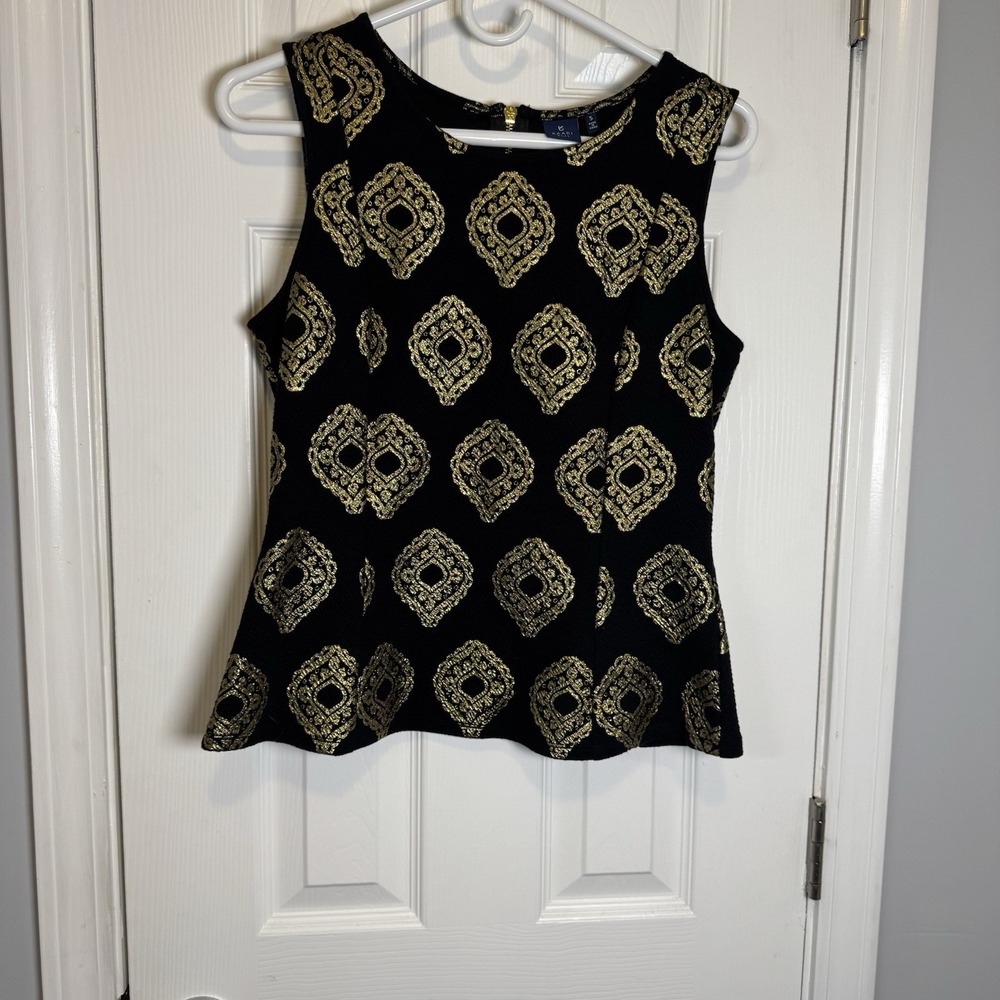 KAARI BLUE black gold sleeveless stretch‎ peplum top size Small